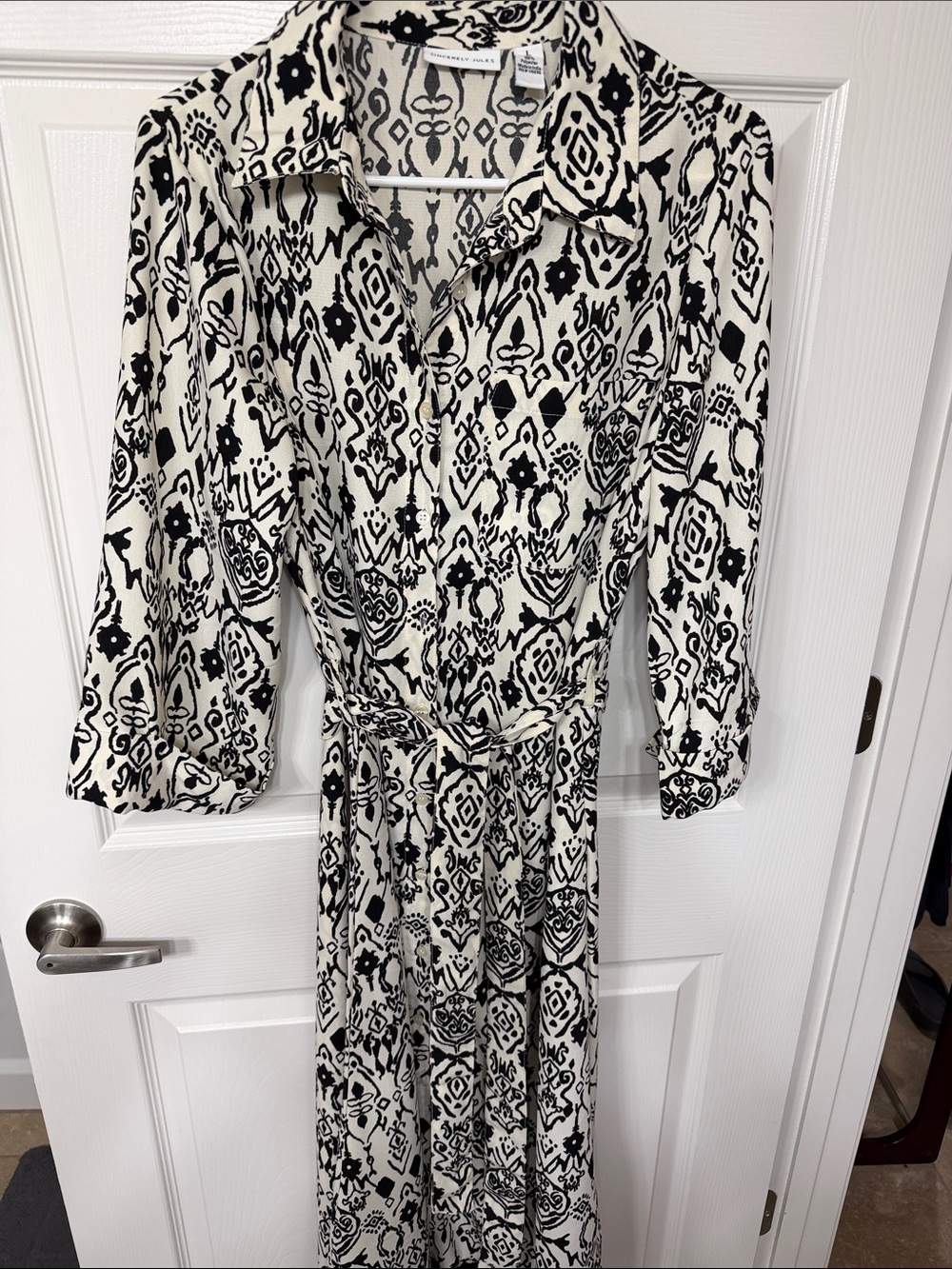 Sincerely Jules Black & Cream Printed Maxi Dress with Waist Tie